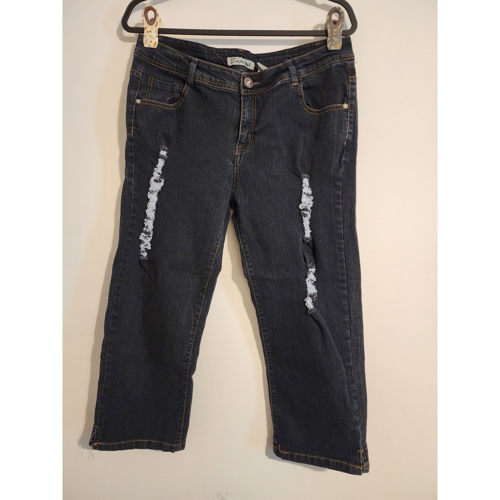 Emperial Premium Denim Womens Distressed Capri Jeans Dark Wash Rhinestone 18